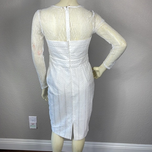 NWOT Sau Square Neck Long Lace Sleeve White Sheath Dress Textured Bridal Sz 8 - Picture 5 of 14